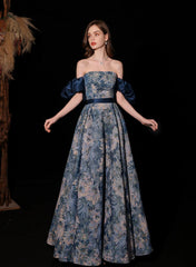 Blue Floral A-line Scoop Long Prom Dress Party Dress