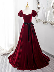 Precioso vestido formal de terciopelo rojo vino con mangas cortas 