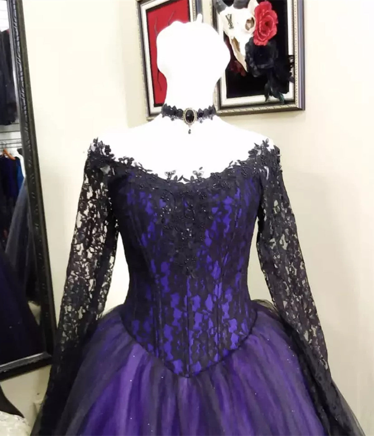 Black and Purple Long Sleeves Lace Sweet 16 Dress