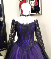 Black and Purple Long Sleeves Lace Sweet 16 Dress