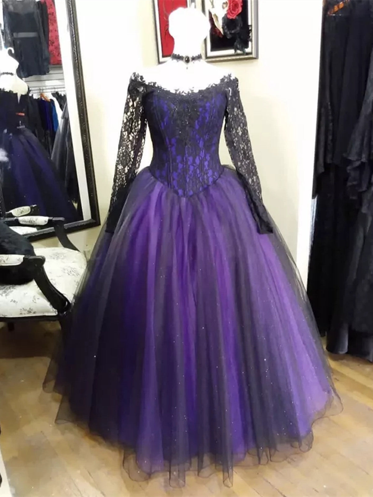 Black and Purple Long Sleeves Lace Sweet 16 Dress