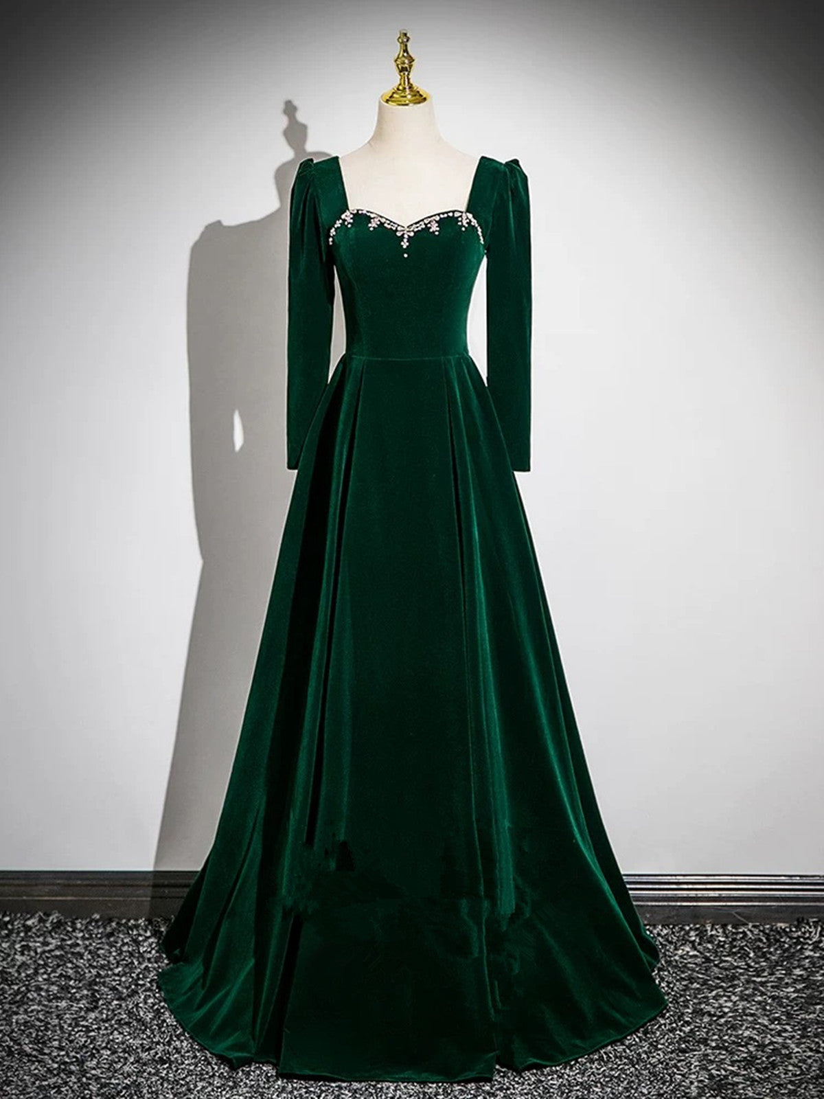 Green Velvet Beaded Long Sleeves Prom Dress