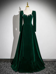 Green Velvet Beaded Long Sleeves Prom Dress