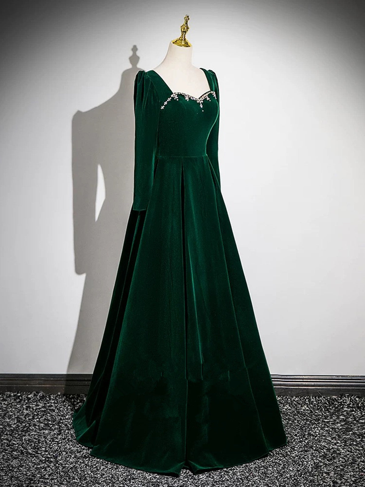 Green Velvet Beaded Long Sleeves Prom Dress