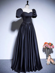 A-line Simple Satin Short Sleeves Prom Dress