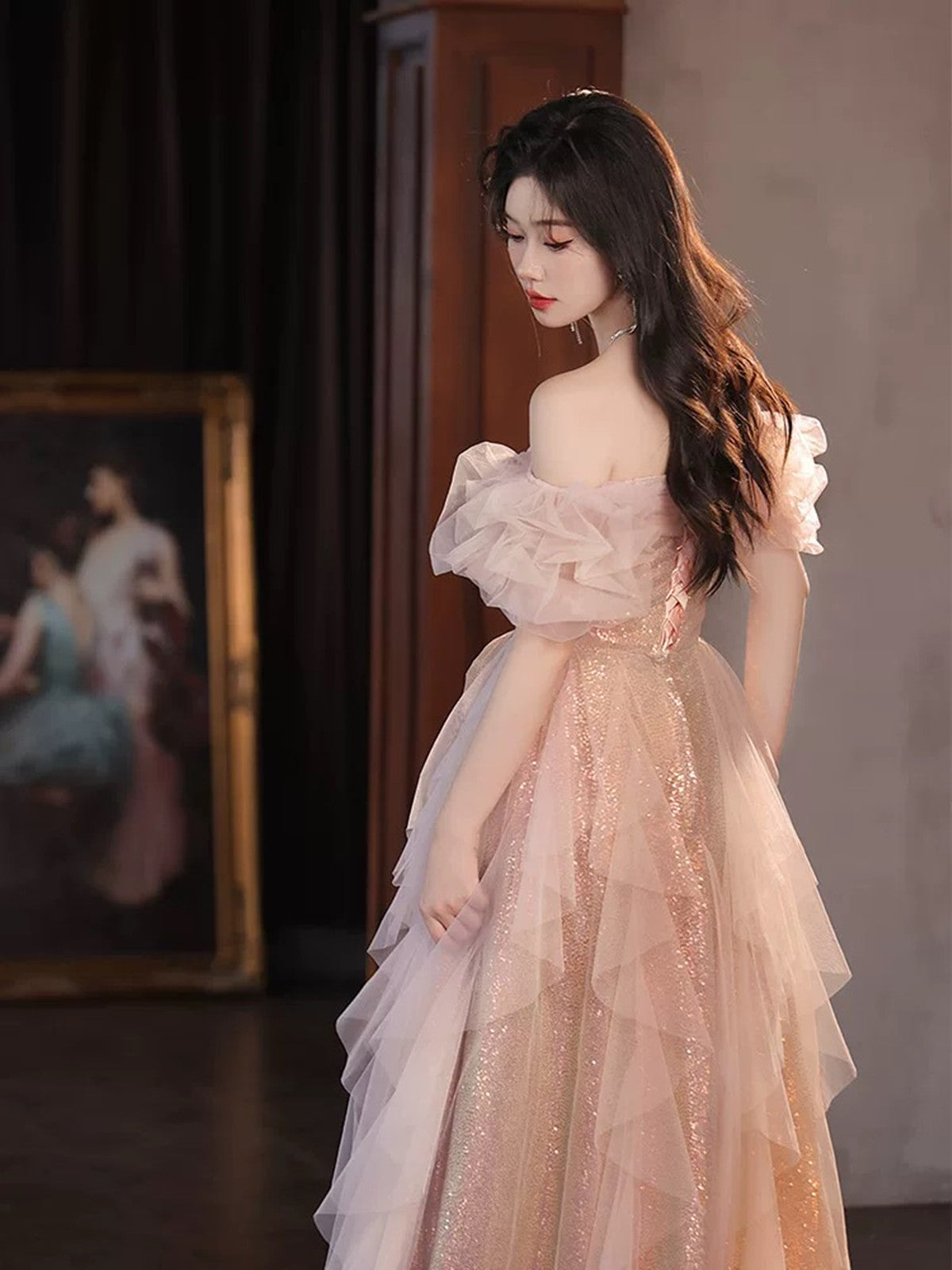 Vestido de fiesta de corte A con escote en forma de corazón de tul rosa y lentejuelas 