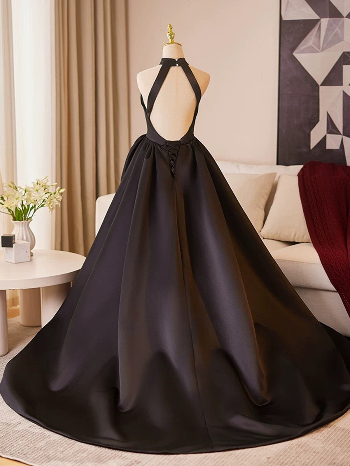 Black Satin Haler Open Back Long Prom Dress