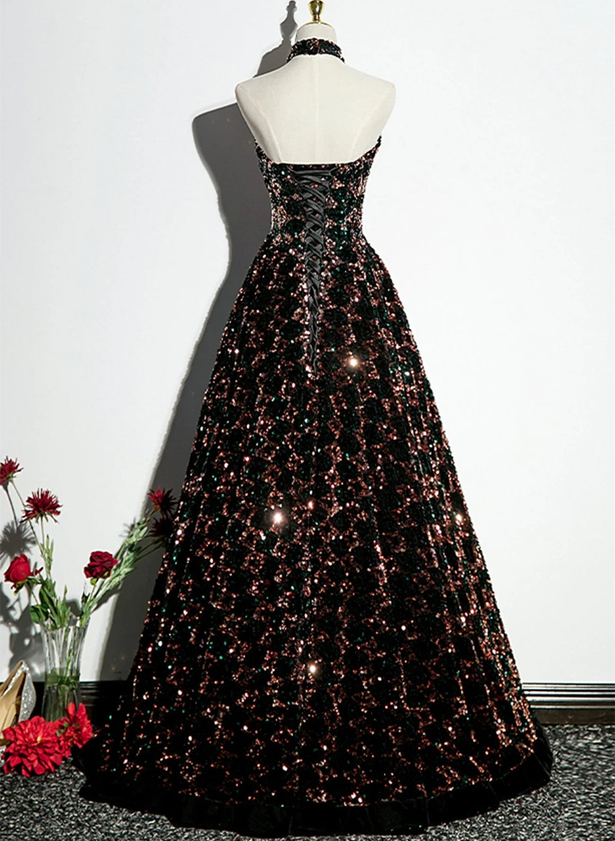 Vestido de fiesta elegante de corte A con lentejuelas 