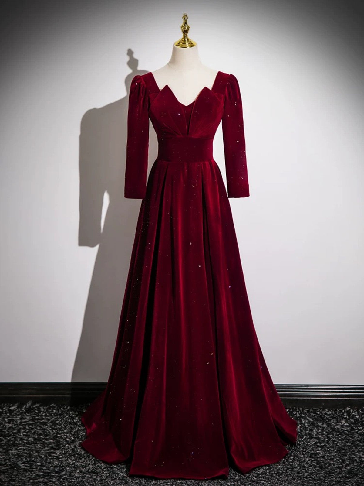 Wine Red Velvet Long Sleeves A-line Floor Length Prom Dress