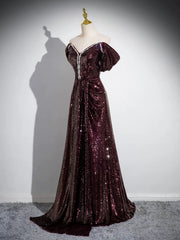Vestido de fiesta largo con cuentas y lentejuelas color granate, corte A 