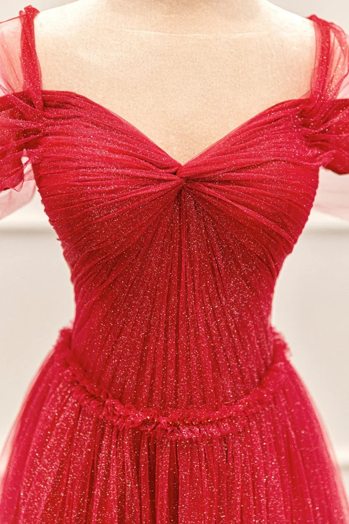 Vestido de fiesta rojo de tul brillante, largo hasta el suelo, corte A 