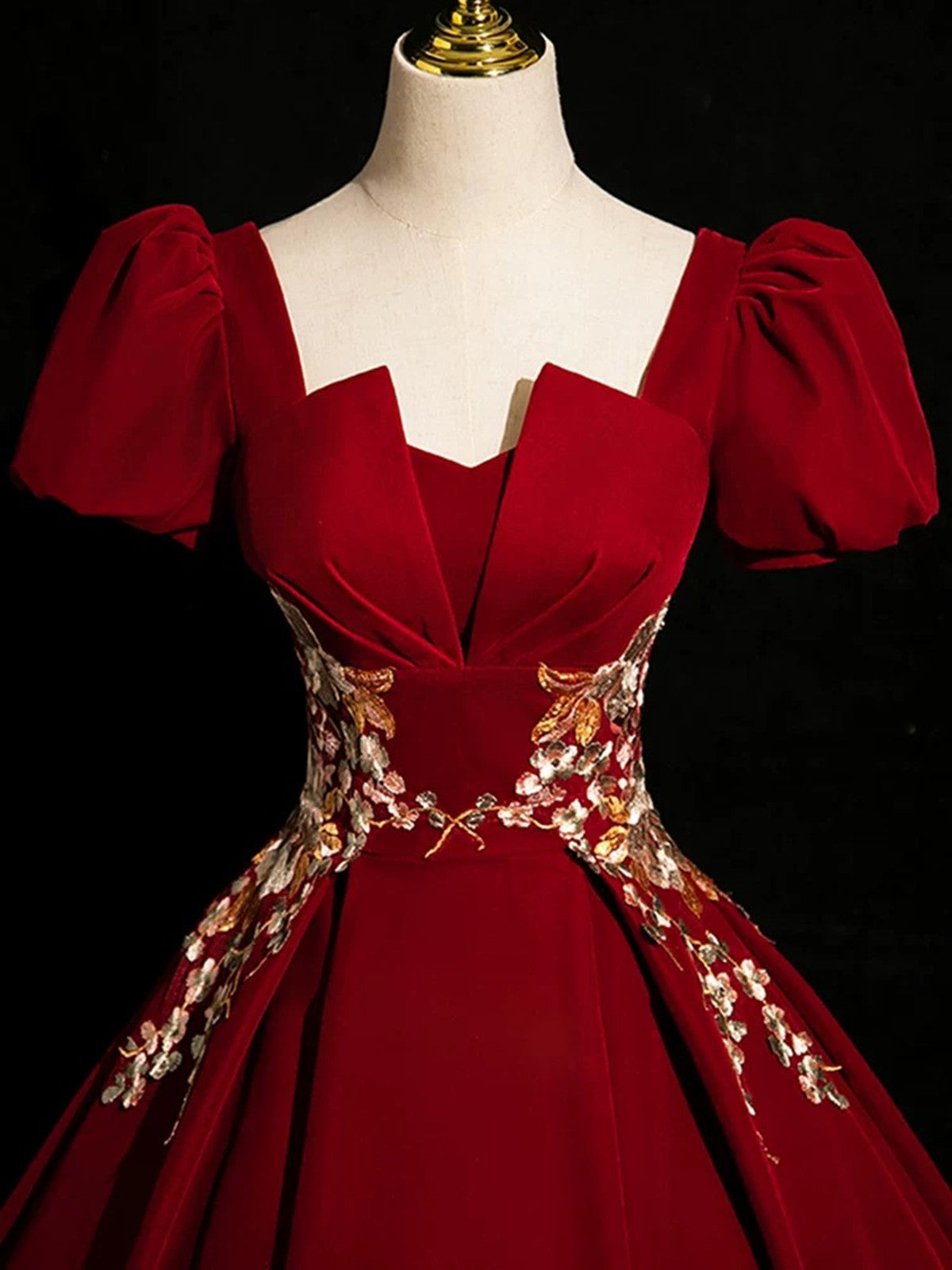 Vestido de fiesta largo de manga corta de terciopelo rojo vino 