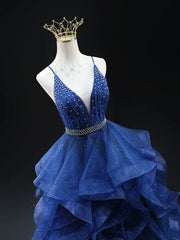 Vestido de fiesta con escote en V y capas de tul azul brillante 