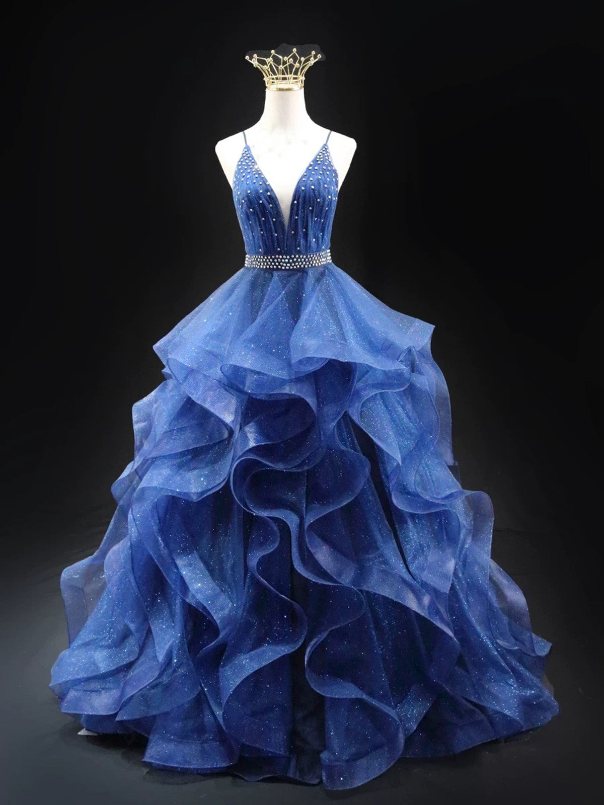 Vestido de fiesta con escote en V y capas de tul azul brillante 