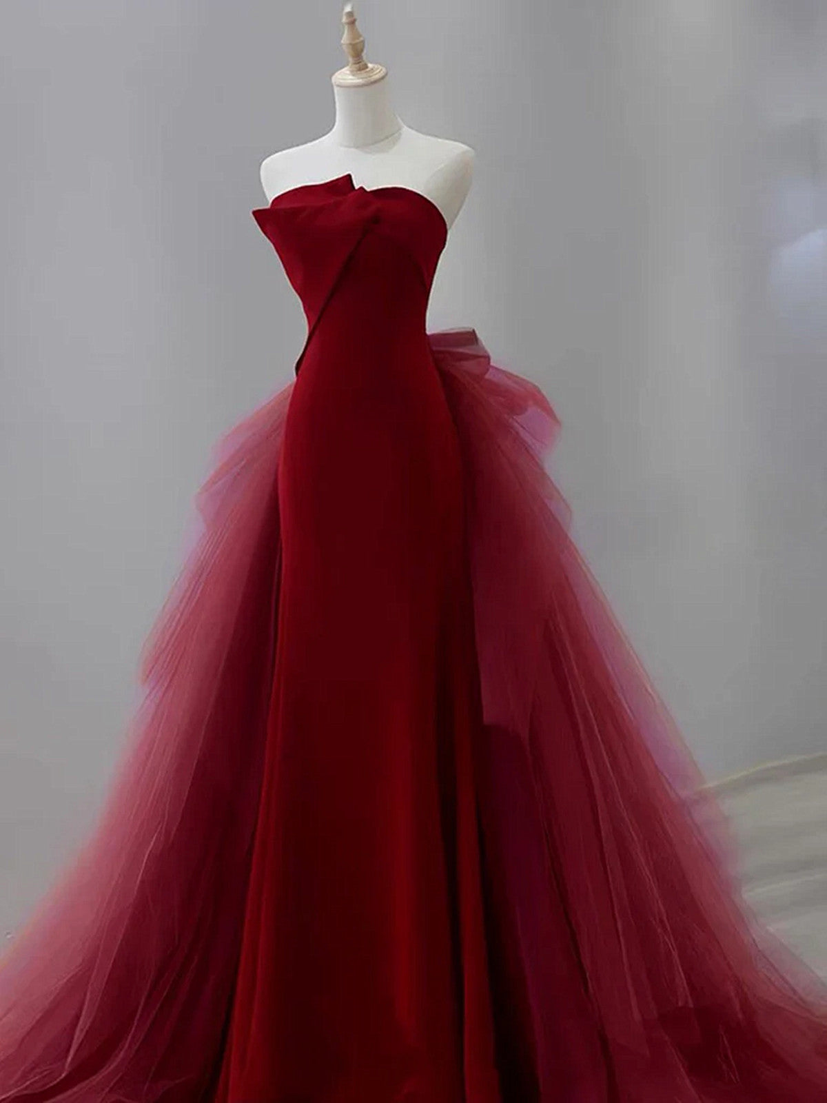 Glam Wine Red Satin And Tulle Long Party Dress