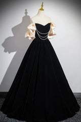 A-line Black Velvet Pearls Off Shoulder Party Dress