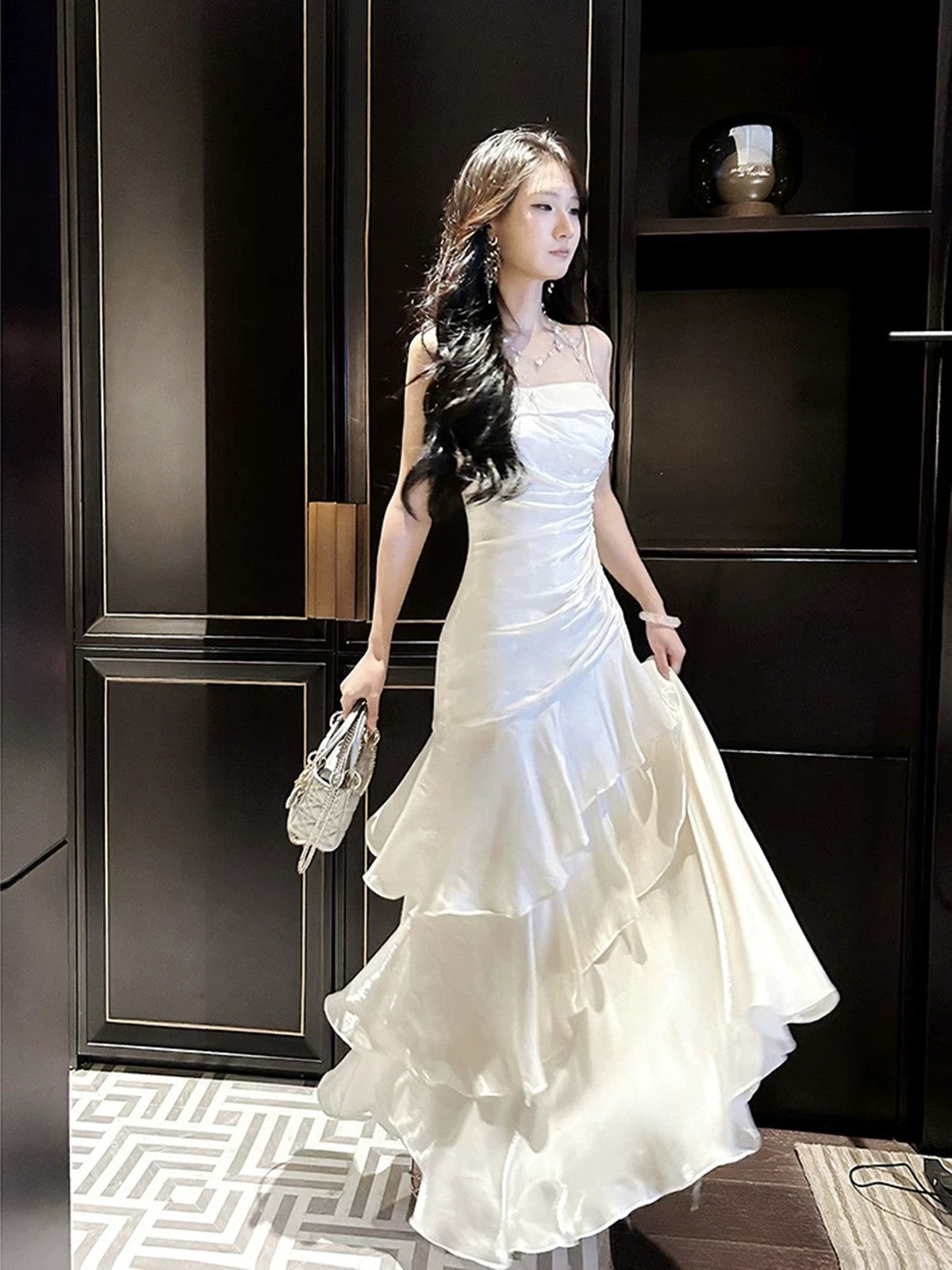 White Mermaid Straps Layers Satin Party Dress