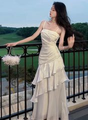 White Mermaid Straps Layers Satin Party Dress
