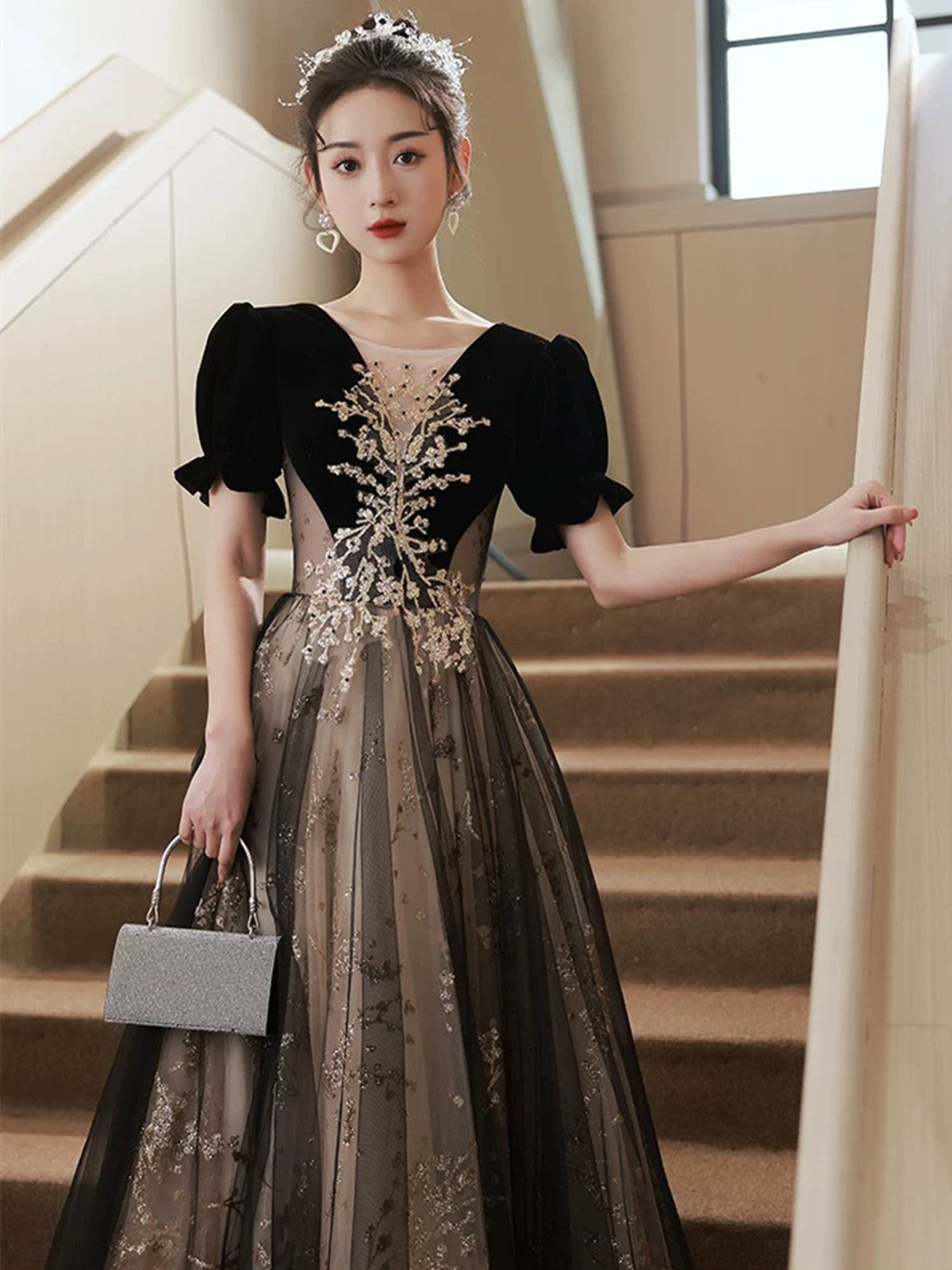 A-line Black Tulle and Velvet Floor Length Party Dress
