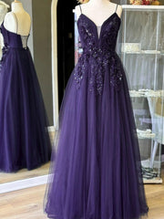 A-line Purple Tulle V-neckline with Lace Applique Prom Dress