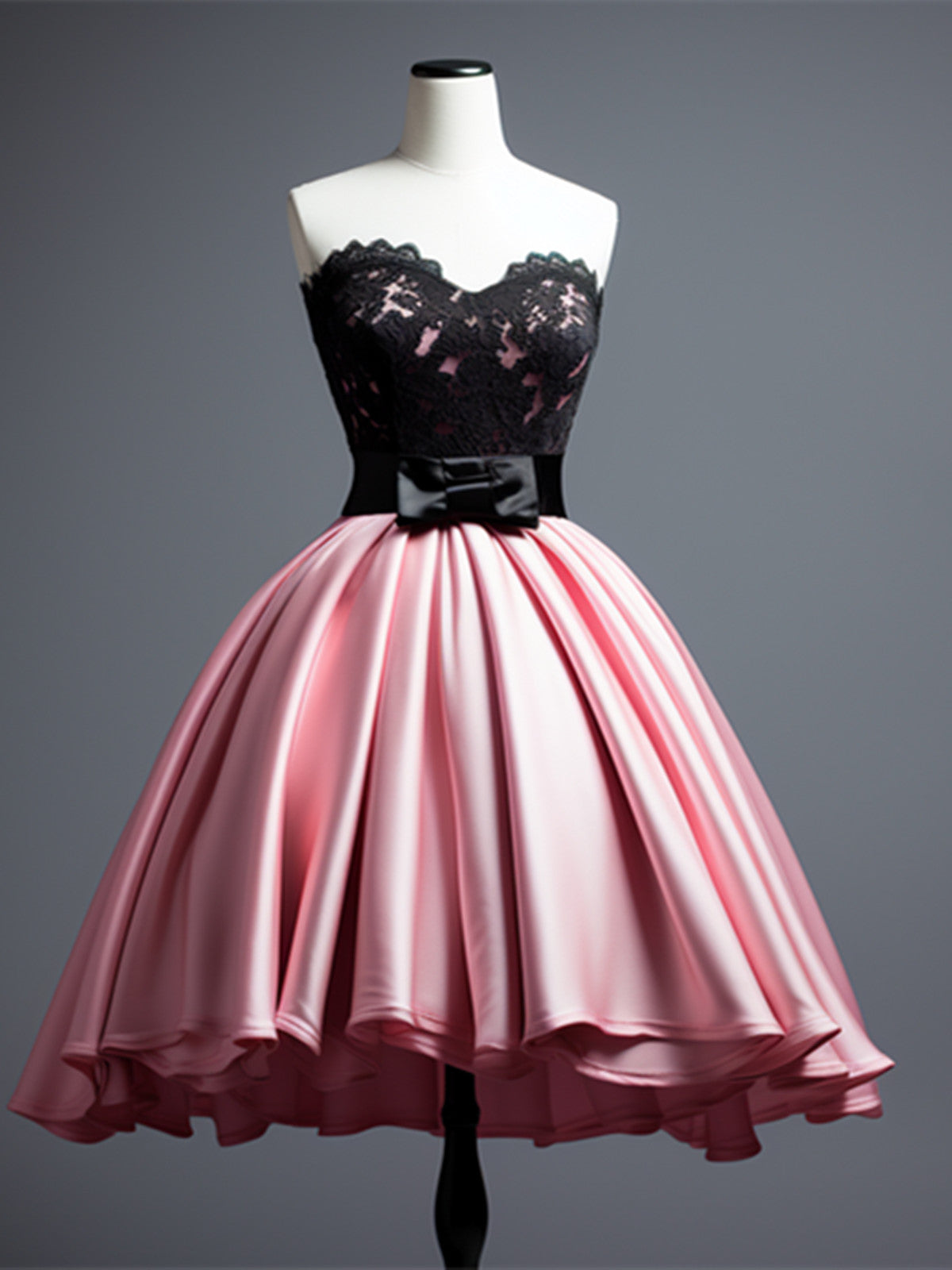Vestido de fiesta sin tirantes de satén rosa hasta la rodilla con encaje 