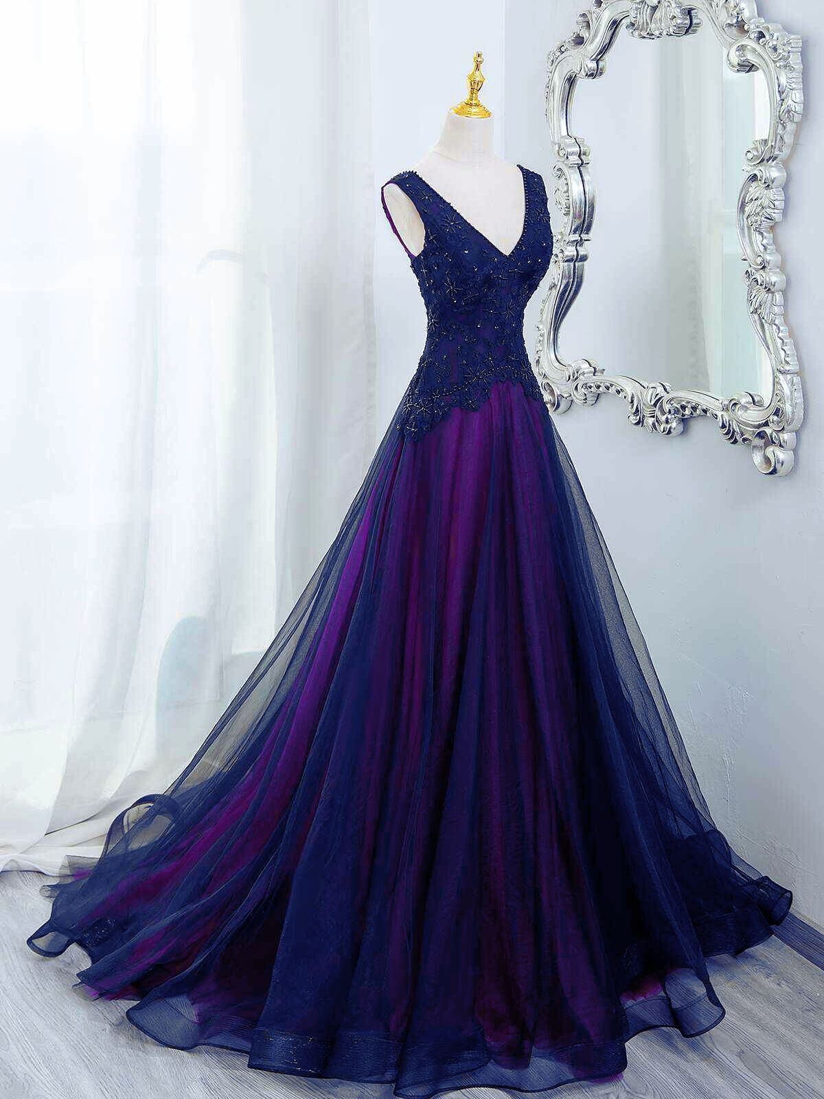 A-line Blue and Purple V-neckline with Lace Applique Party Dress