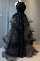 Vestido de fiesta largo de corte A con capas de tul y cuello halter negro 