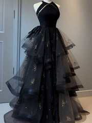 Vestido de fiesta largo de corte A con capas de tul y cuello halter negro 
