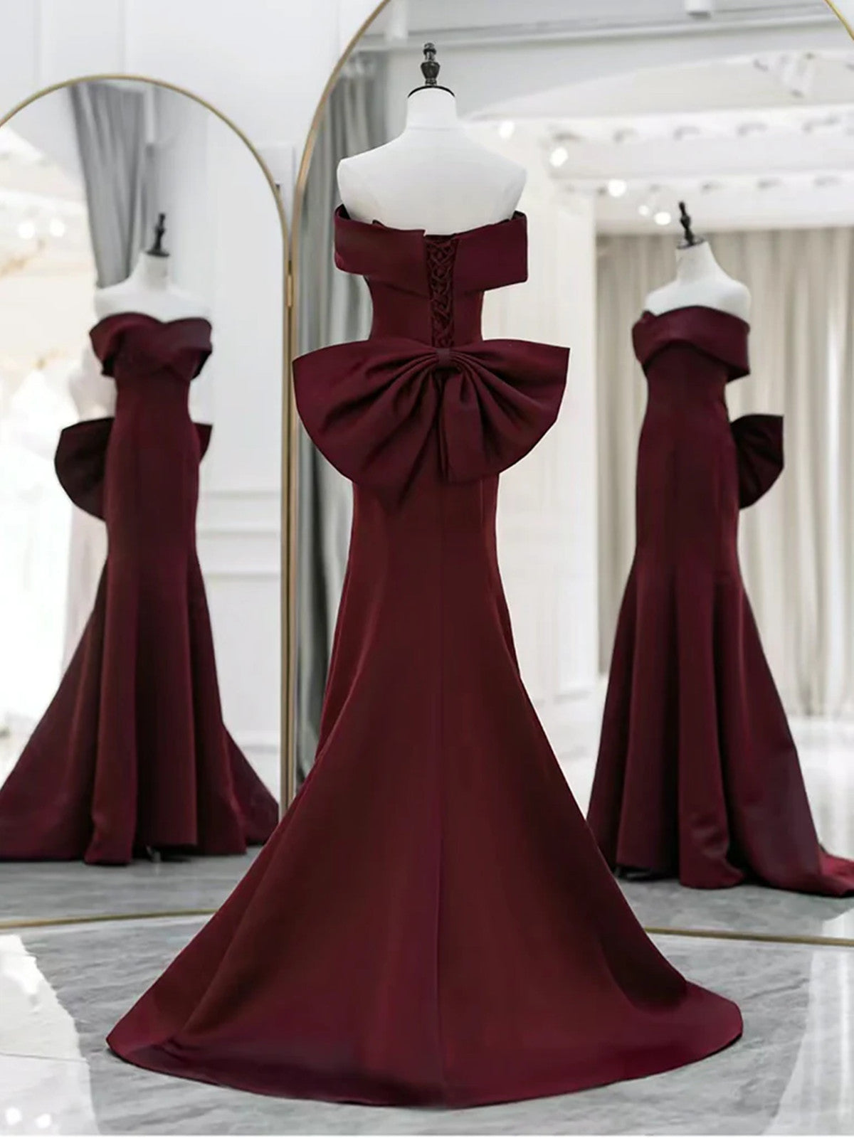 Wine Red Off Shoulder Long Party Dress with Bow