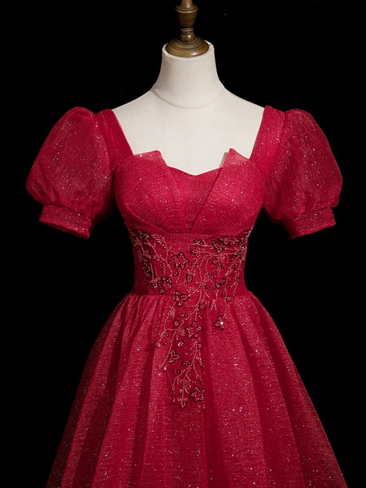 Wine Red Beaded Short Sleevs A-line Party Dress