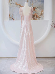Vestido de fiesta largo con tirantes en forma de A y lentejuelas rosas 