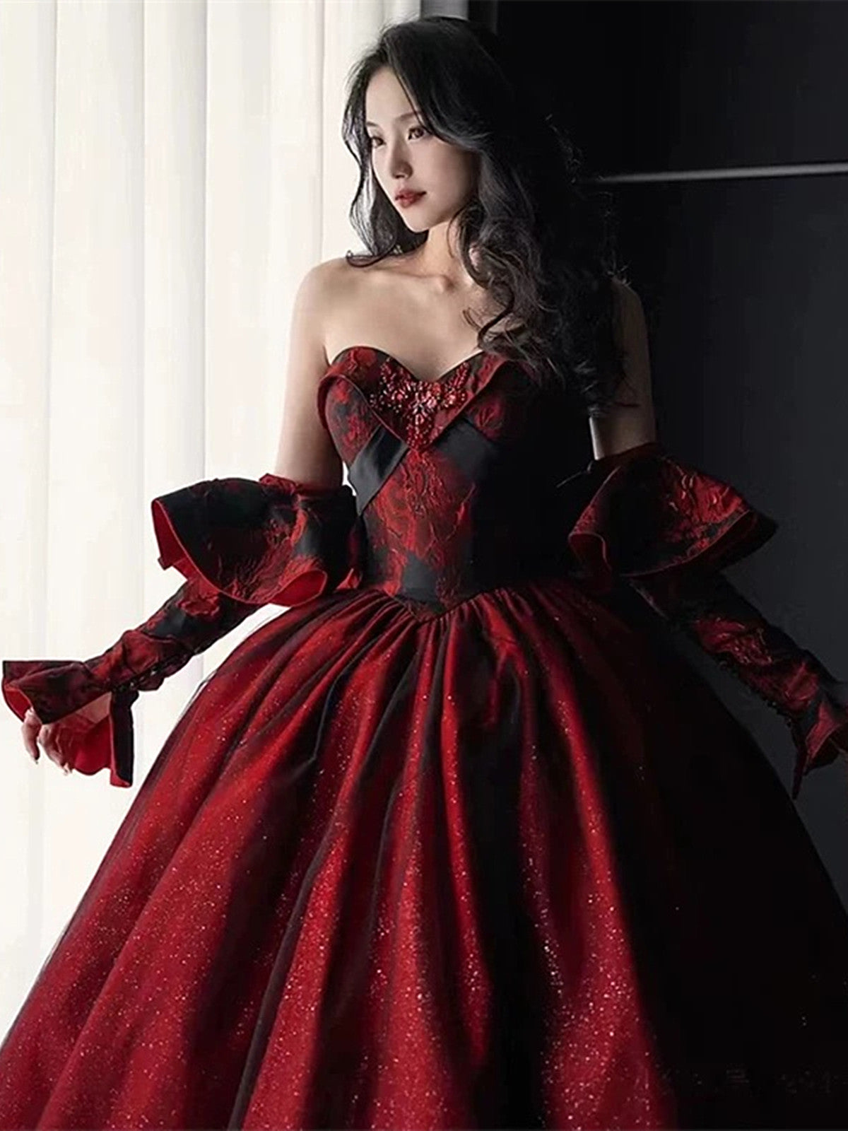 Vestido de fiesta de manga larga negro y rojo Vestido de noche 