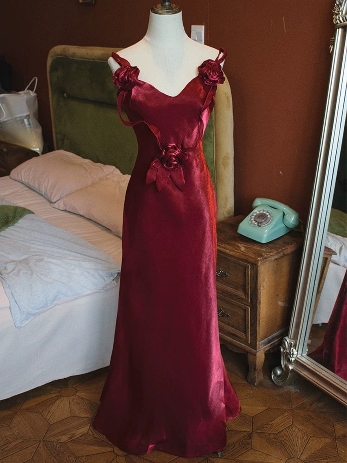 Wine Red V-neckline Mermaid Long Straps Party Dress