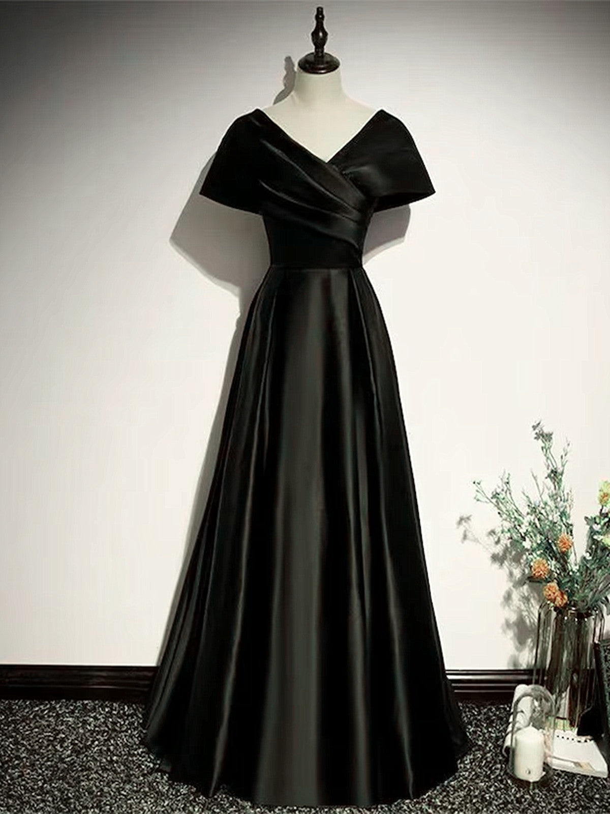 Black Off Shoulder Satin A-line Party Dress
