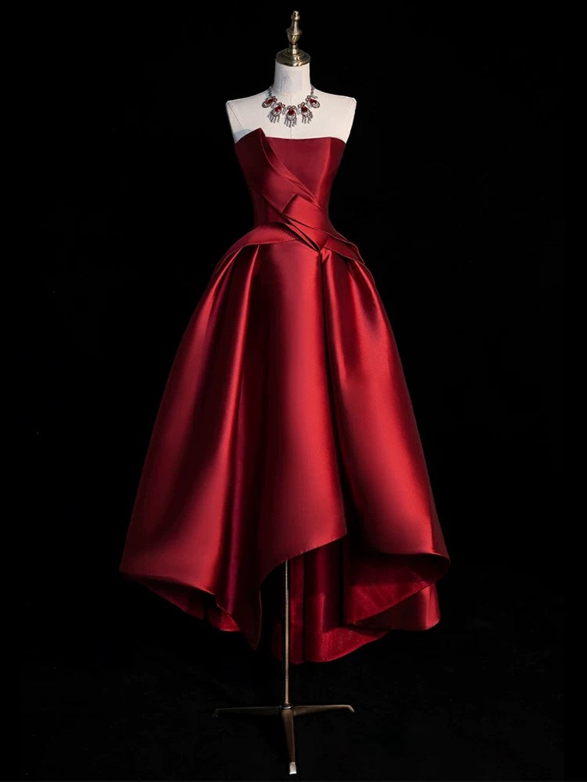 Wine Red Satin High Low Party Dress Homecoming Dress