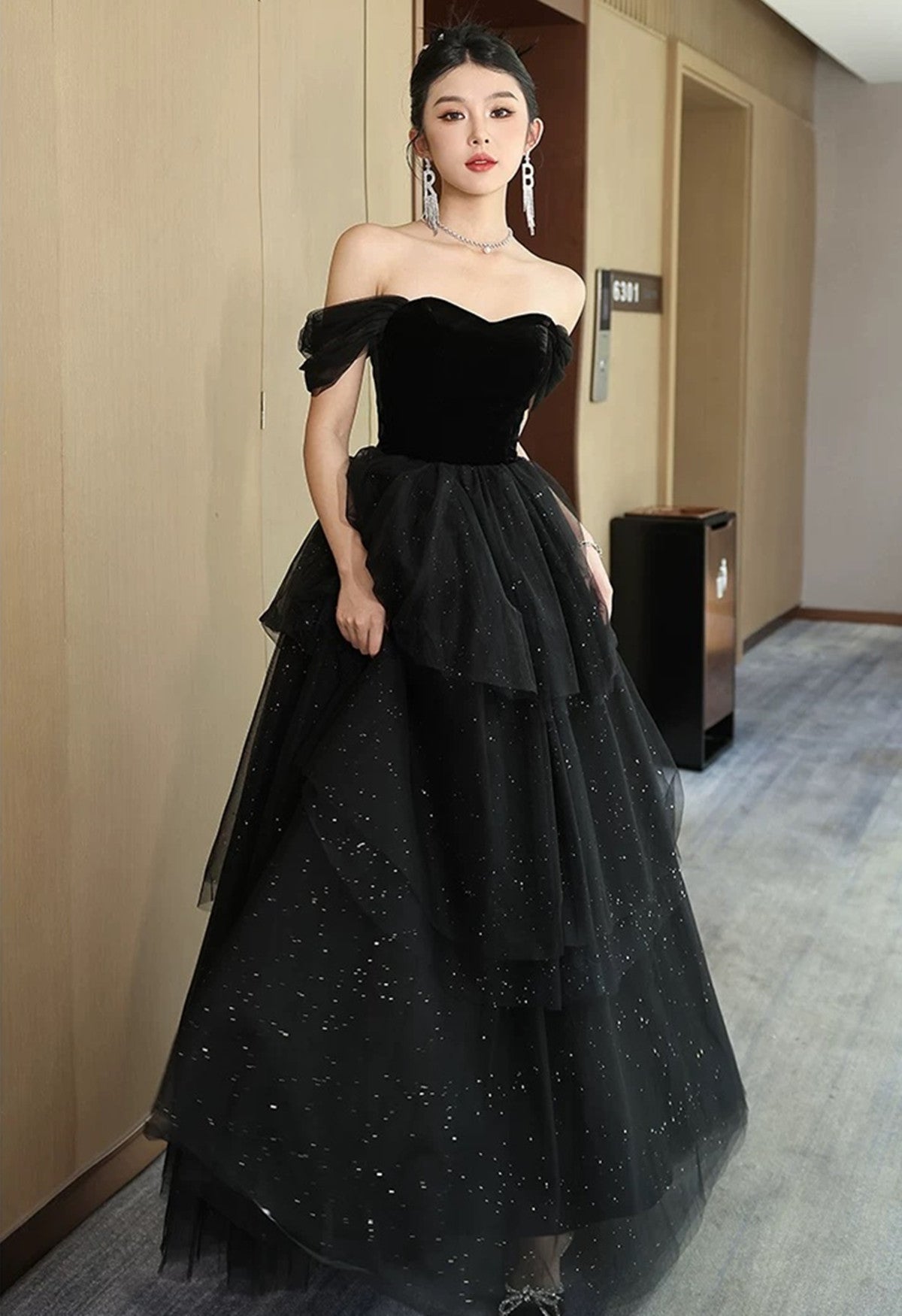 A-line Black Tulle and Velvet Layers Long Party Dress
