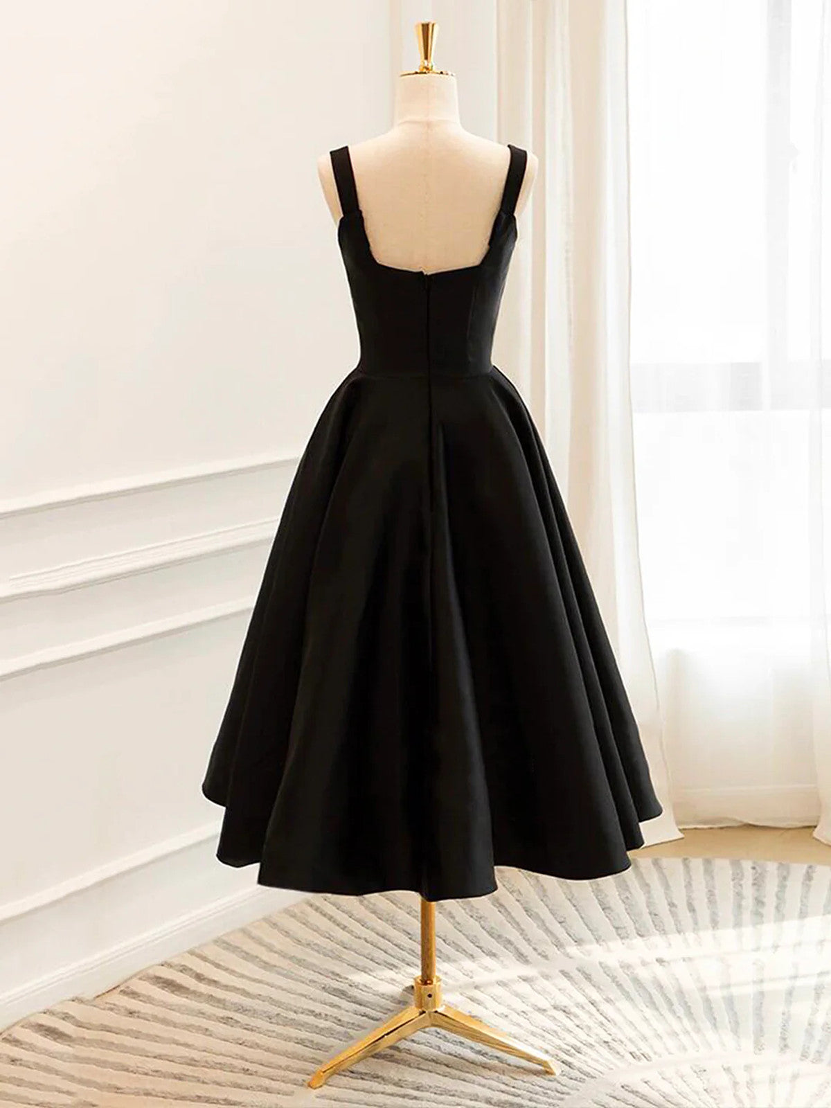 Black Satin Tea Length Straps Homecoming Dress
