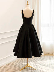 Black Satin Tea Length Straps Homecoming Dress