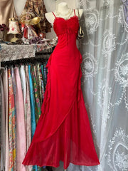 Vestido de noche largo con tirantes de gasa roja y vestido de fiesta 