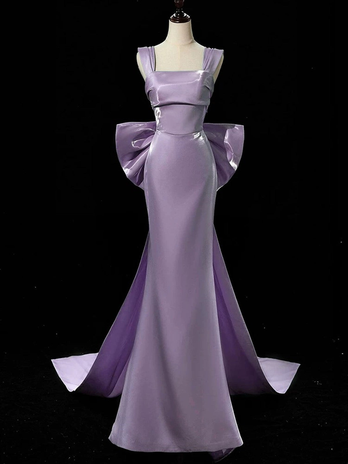 Purple Satin Mermaid Satin Long Party Dress with Bow