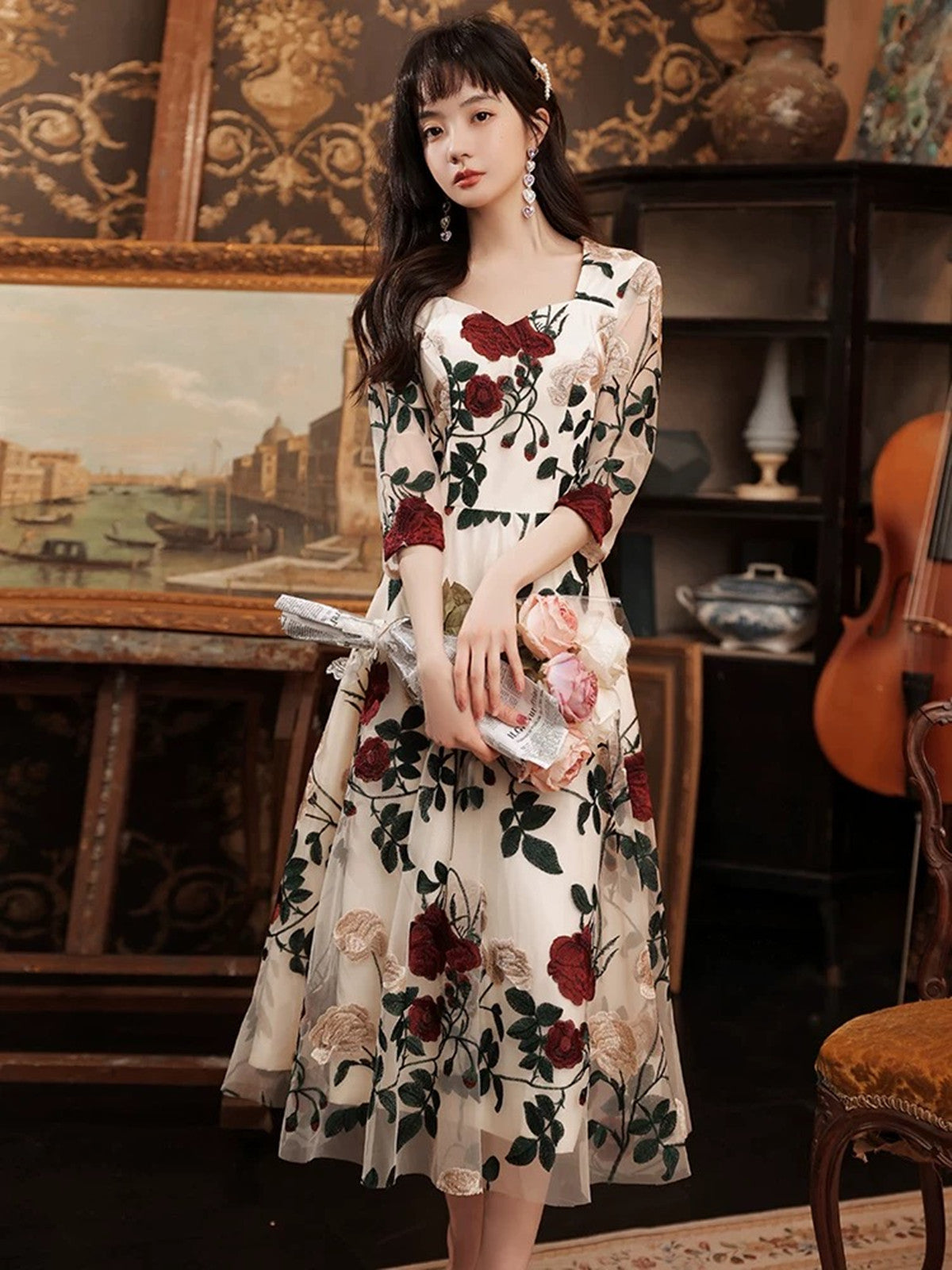 Ivory Floral Tea Length Wedding Party Dress with Sleeves