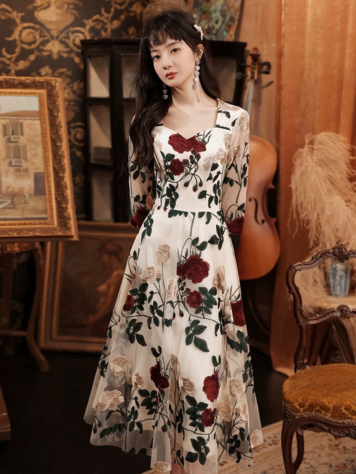 Ivory Floral Tea Length Wedding Party Dress with Sleeves