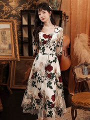 Ivory Floral Tea Length Wedding Party Dress with Sleeves