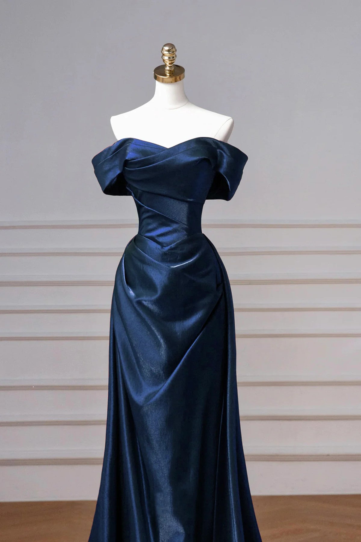 A-line Navy Blue Satin Off Shoulder Prom Dress