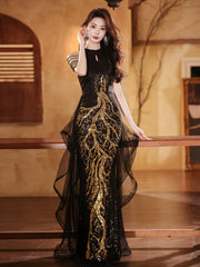 Black Sequins Halter Beaded Floor Length Party Dress