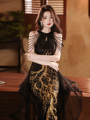 Black Sequins Halter Beaded Floor Length Party Dress