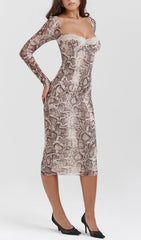 Chic Serpentine Print Long Sleeve Midi Dress with Lace Trim