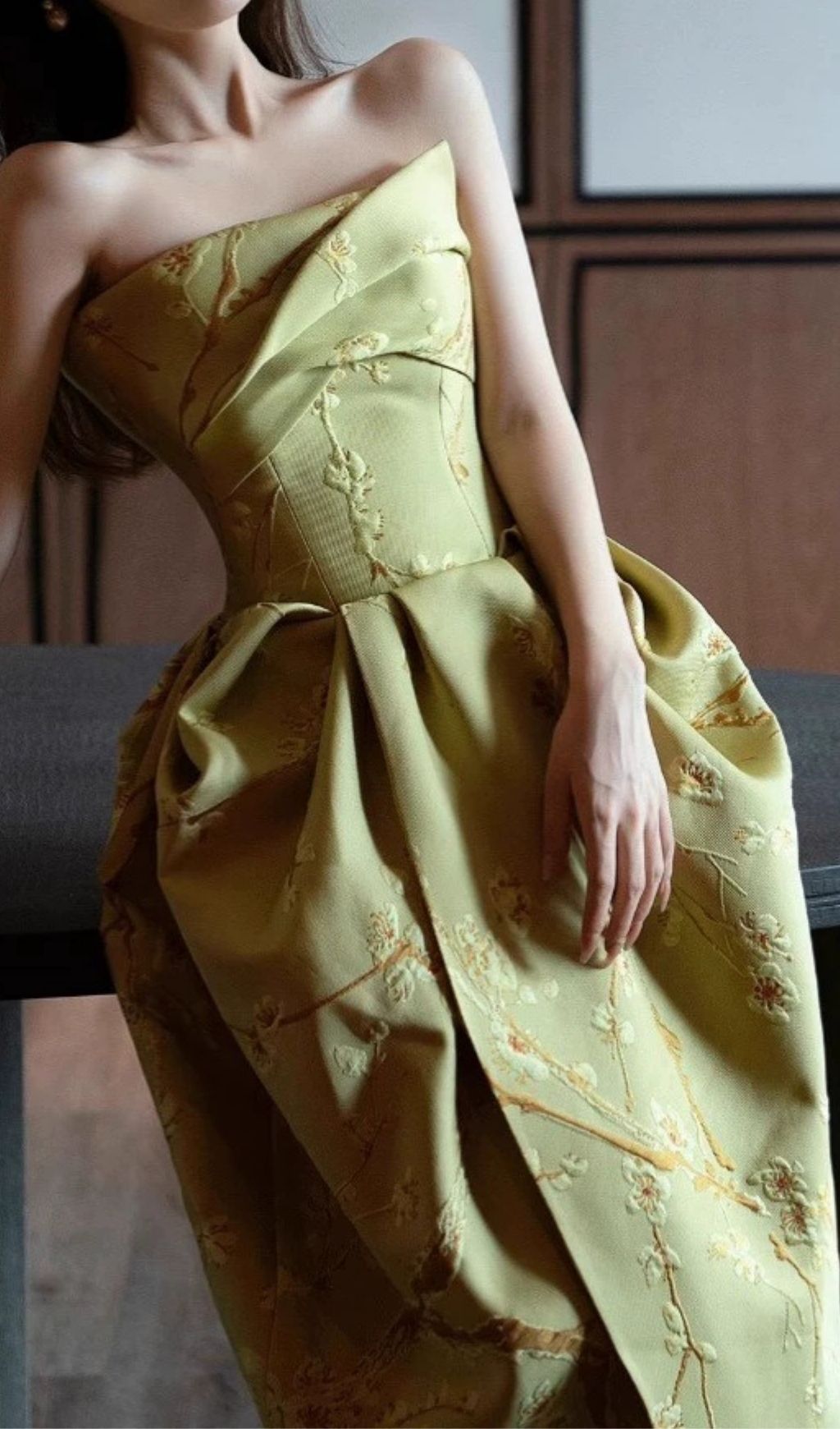 Chic Sage Green Strapless Floral Jacquard Draped Maxi Dress