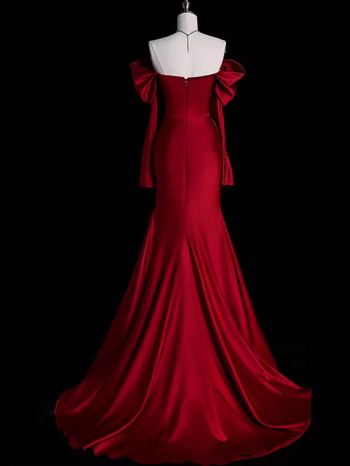 Elegante vestido de noche de sirena de manga larga en color rojo vino 