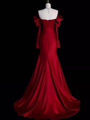 Elegante vestido de noche de sirena de manga larga en color rojo vino 